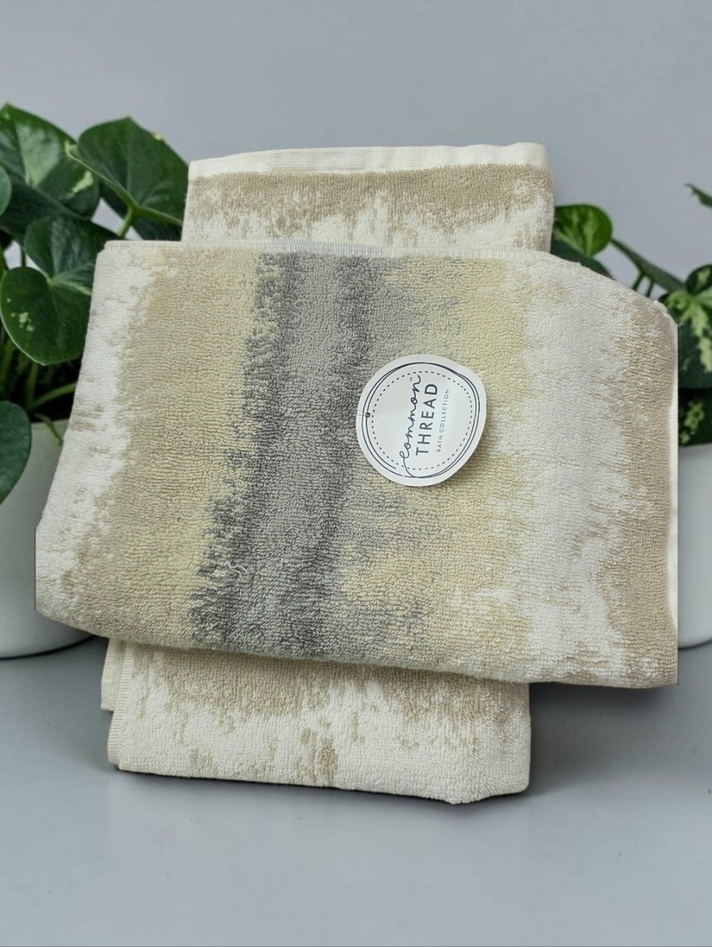 SET OF 2 New Common Thread Hand Towels Set Abstract Ikat Beige Gray White Ombre